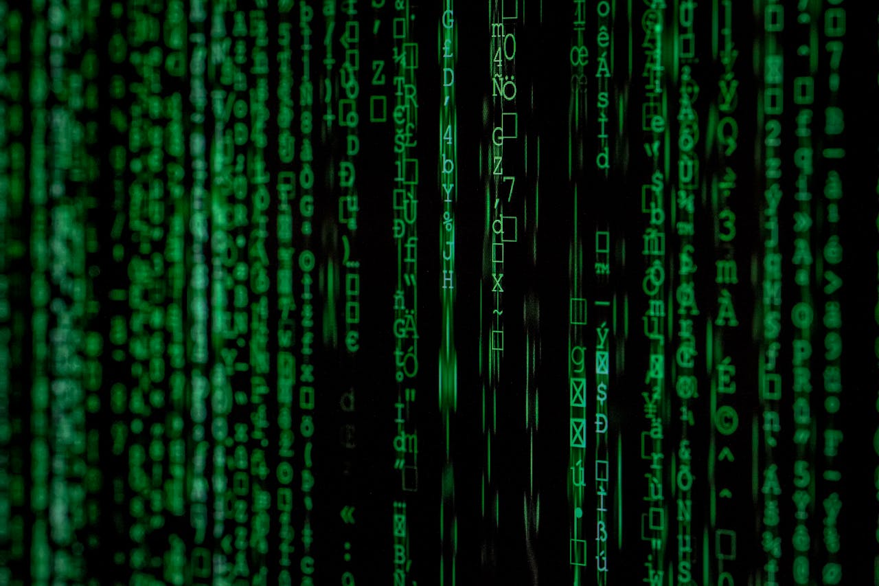 who-we-are Abstract green matrix code background with binary style.