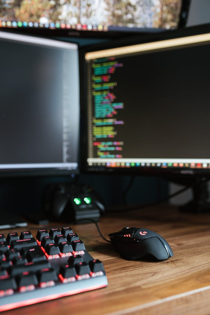 A modern workspace featuring dual monitors displaying code with a gaming mouse and keyboard on a wooden desk.